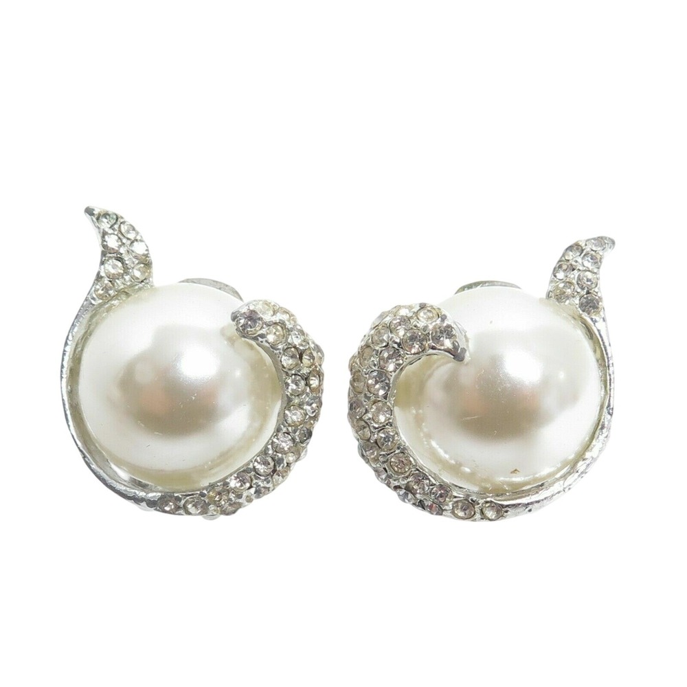VINTAGE SILVER‎ PLATED RHINESTONE SWIRL FAUX PEARL ROUND CABOCHON CLIP EARRINGS